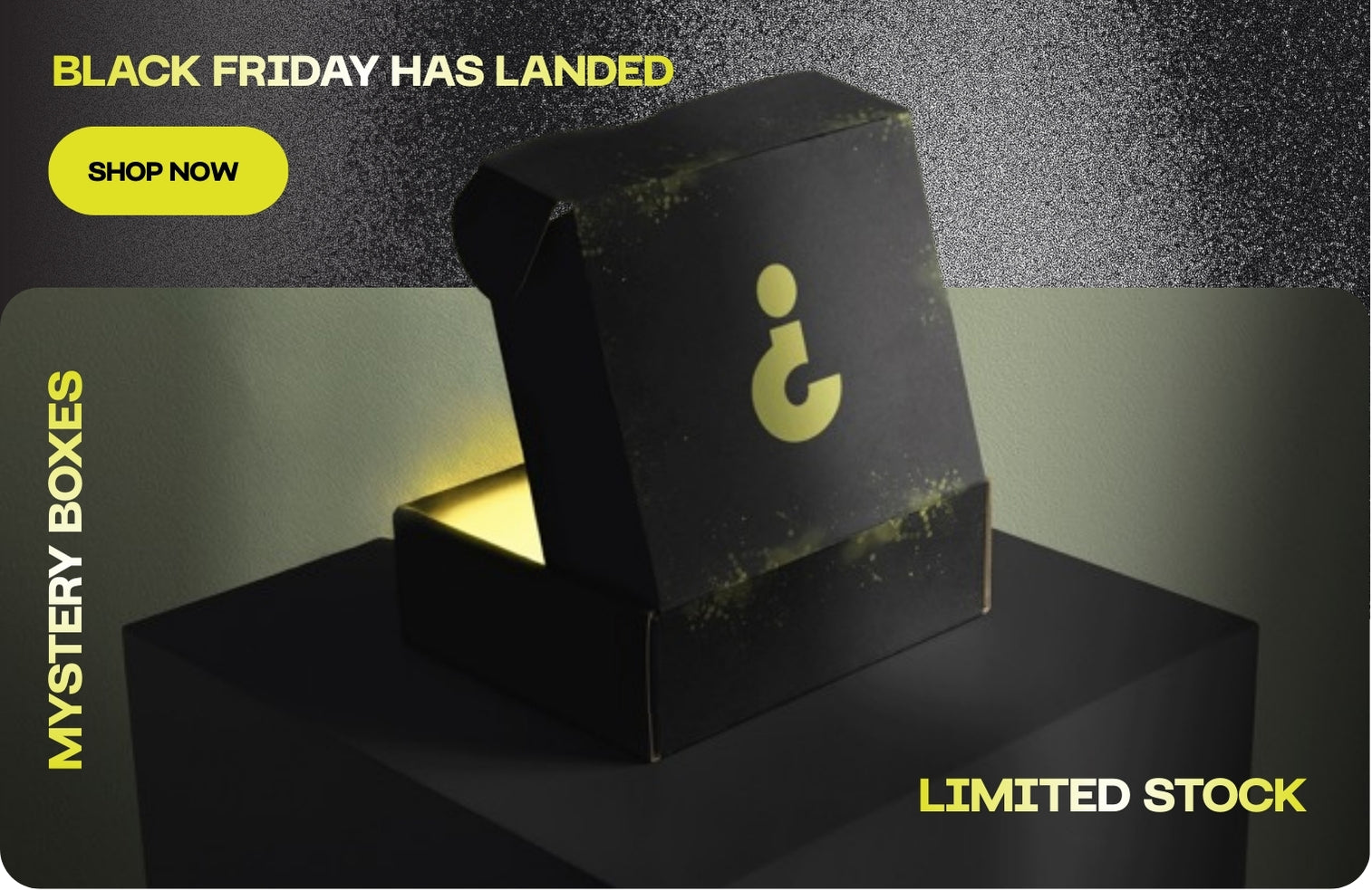 Black mystery box with a question mark on a dark background, promoting Black Friday sales.